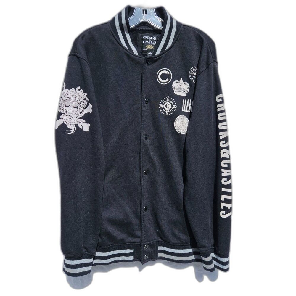 Crooks & Castles Black White Gray Varsity Jacket Logos 100% Cotton XL